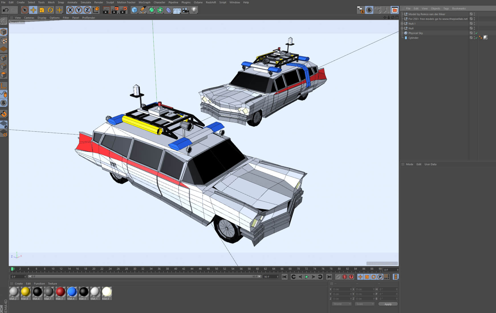 Free Cinema 4D 3D Model Ecto 1 Ghostbusters Vehicle Low Poly