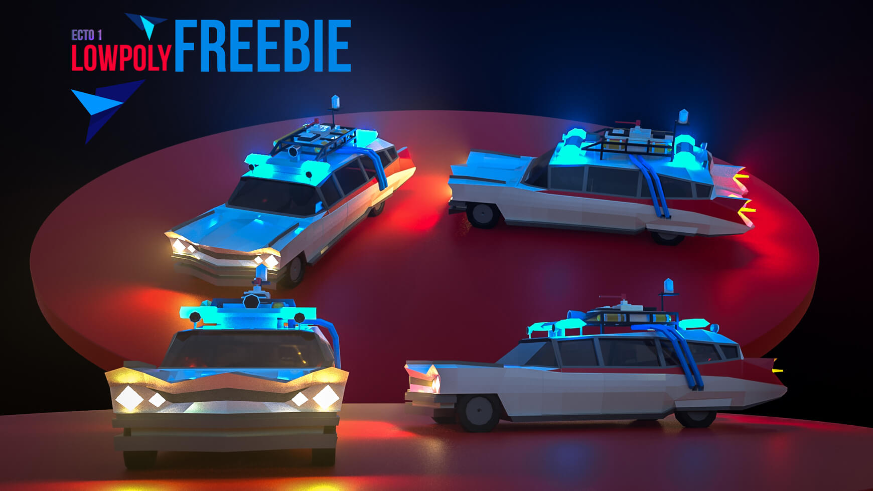 Free Cinema 4D 3D Model Ecto 1 Ghostbusters Vehicle Low Poly