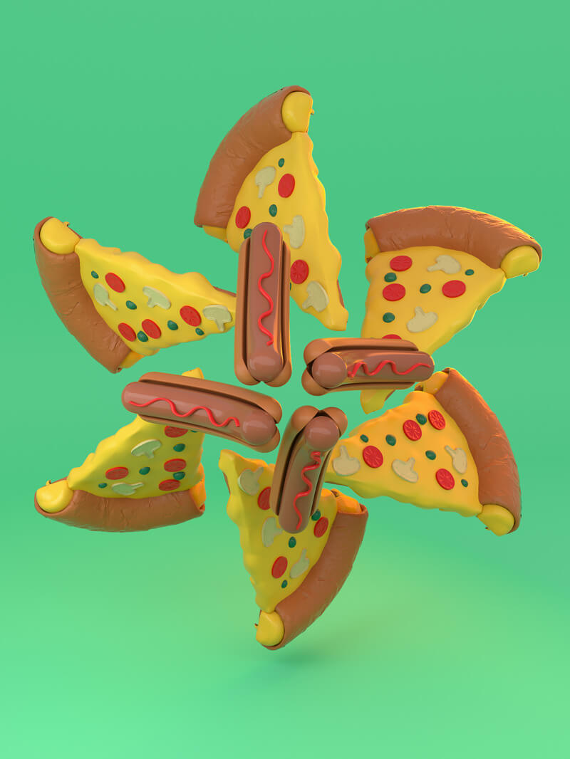 Free Cinema 4D 3D Model Cartoon Food Hot Dog and Pizza