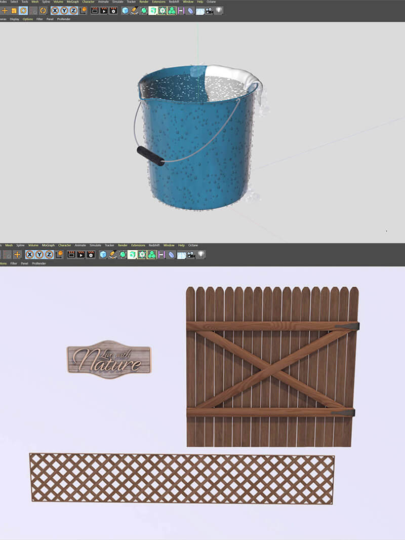 Free Cinema 4D 3D Model Backyard Fence Bucket Elements